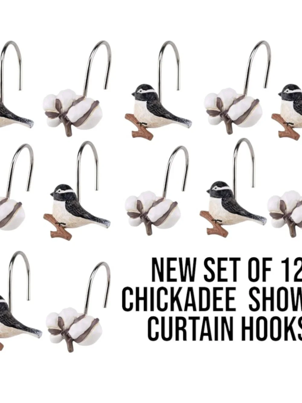 NEW Shower Curtain Hooks Multicolor Chickadee Bird Bathroom Decor Cotton Ball Pl
